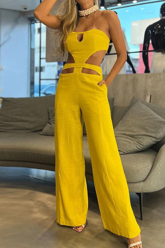 Sexy Daily Solid Color Hollow Out Pocket Strapless Skinny Jumpsuits