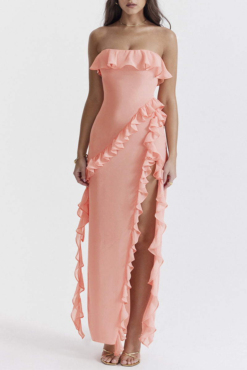 Sexy Solid Color Ruffle Slit Strapless Irregular Dresses