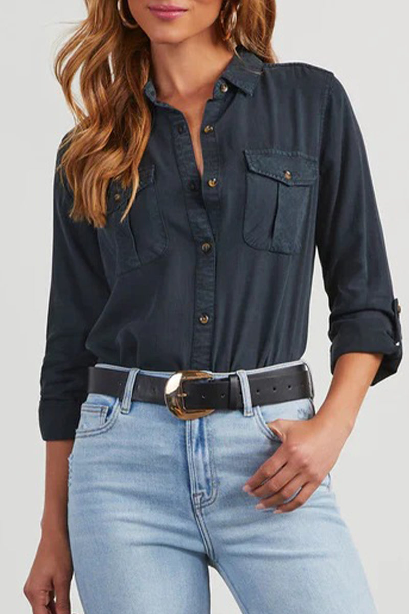 Casual Daily Solid Color Pocket Buttons Turndown Collar Tops