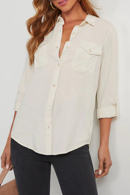 Casual Daily Solid Color Pocket Buttons Turndown Collar Tops