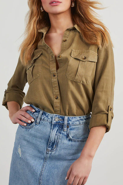 Casual Daily Solid Color Pocket Buttons Turndown Collar Tops