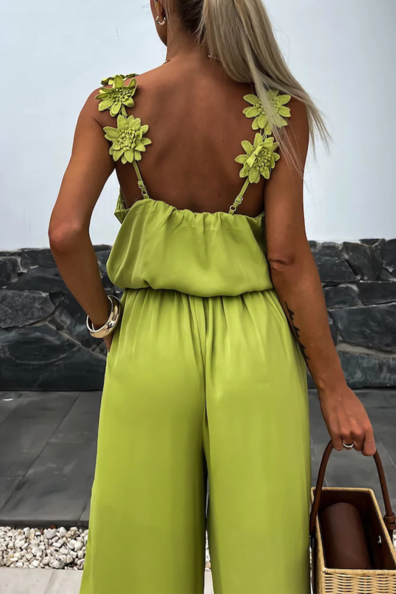 Casual Daily Solid Color Pocket Flower Shape V Neck Loose Jumpsuits