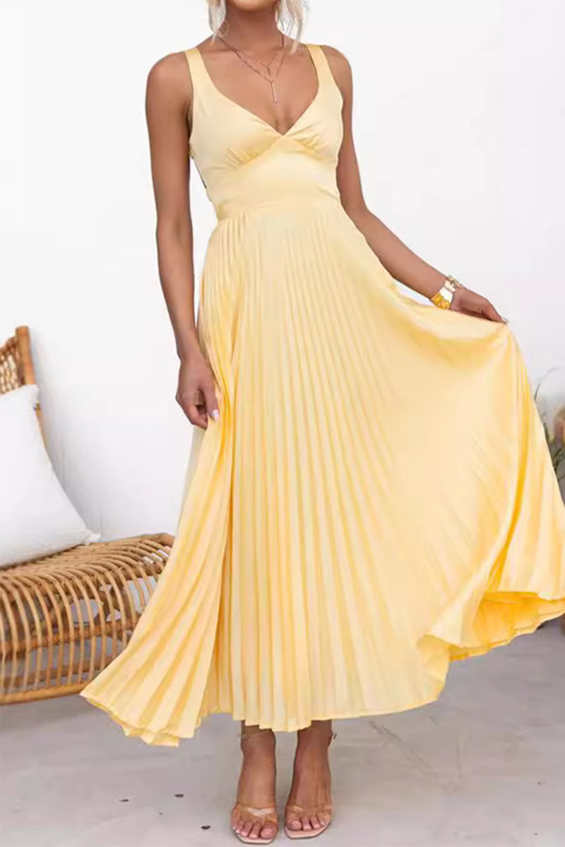 Sexy Solid Color Pleated V Neck Sleeveless Dresses