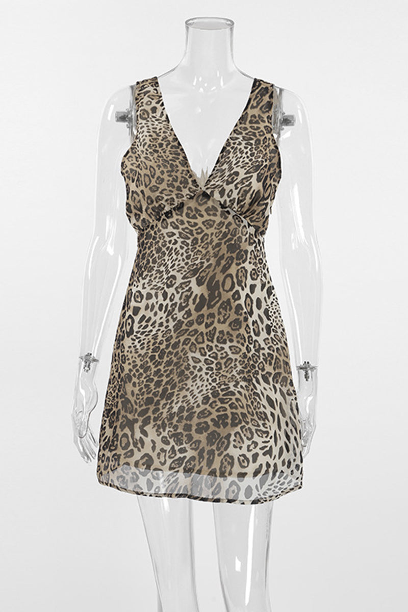 Sexy Leopard Print Contrast V Neck A Line Dresses