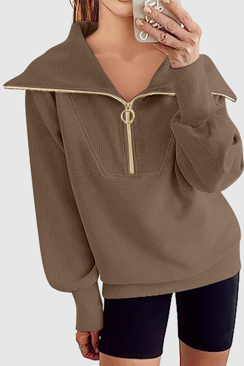 Casual Street Solid Color Zipper Turndown Collar Tops