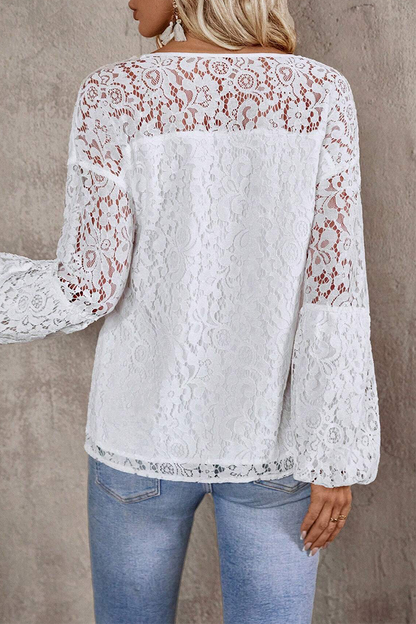 Casual Solid Color Lace Fringed Trim Hollow Out V Neck Tops