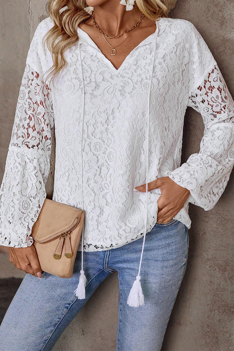 Casual Solid Color Lace Fringed Trim Hollow Out V Neck Tops