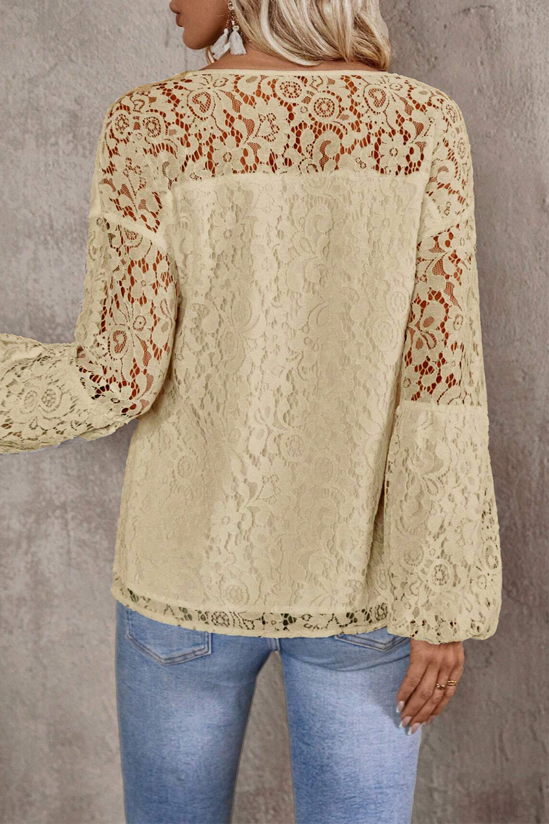 Casual Solid Color Lace Fringed Trim Hollow Out V Neck Tops