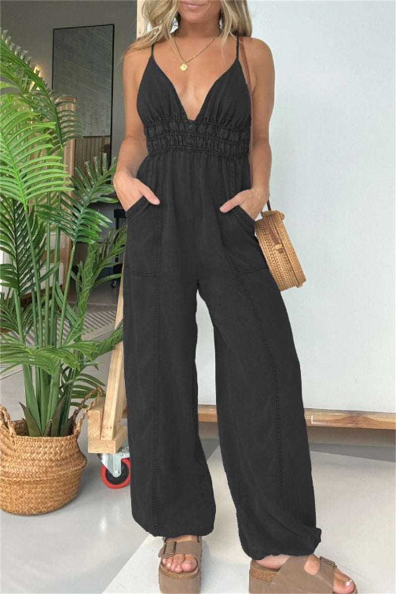 Sexy Casual Solid Color Patchwork Backless Spaghetti Strap Fitted Jumpsuits(5 Colors)