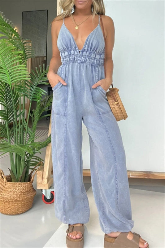 Sexy Casual Solid Color Patchwork Backless Spaghetti Strap Fitted Jumpsuits(5 Colors)