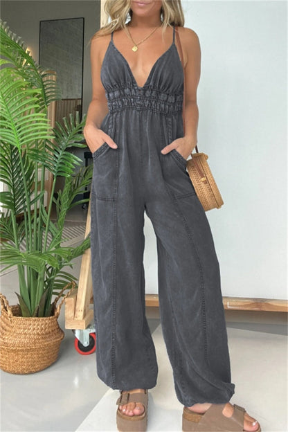 Sexy Casual Solid Color Patchwork Backless Spaghetti Strap Fitted Jumpsuits(5 Colors)