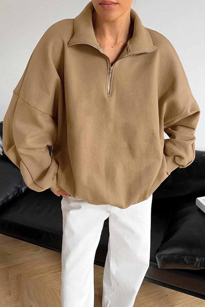 Casual Daily Solid Color Zipper Turndown Collar Tops