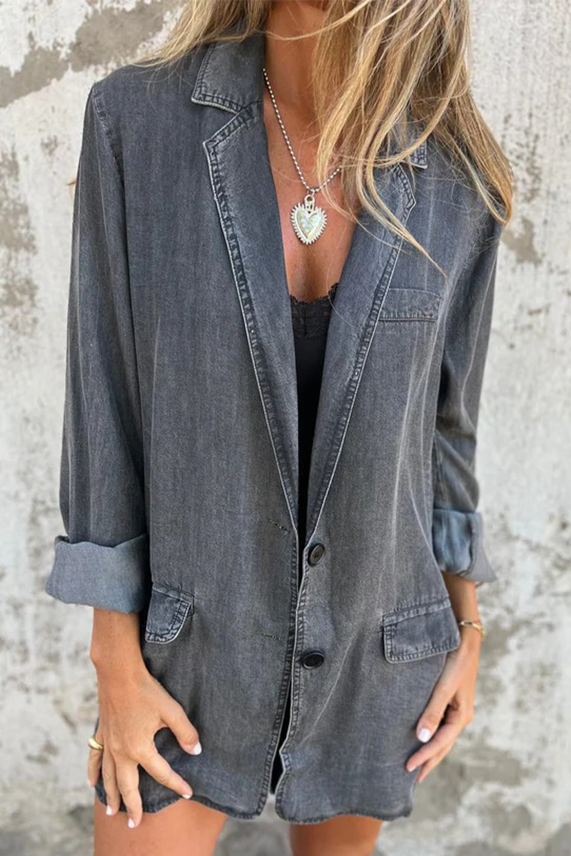 Casual Daily Solid Color Buttons Patchwork Turn-back Collar Long Sleeve Loose Denim Jacket