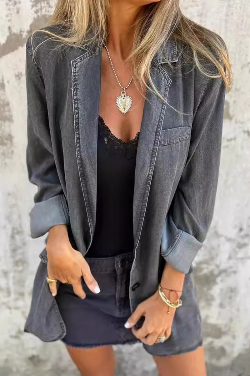 Casual Daily Solid Color Buttons Patchwork Turn-back Collar Long Sleeve Loose Denim Jacket