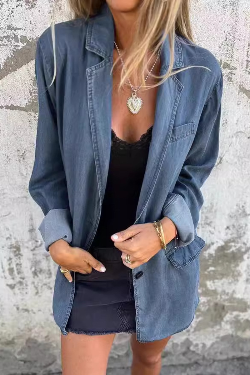 Casual Daily Solid Color Buttons Patchwork Turn-back Collar Long Sleeve Loose Denim Jacket