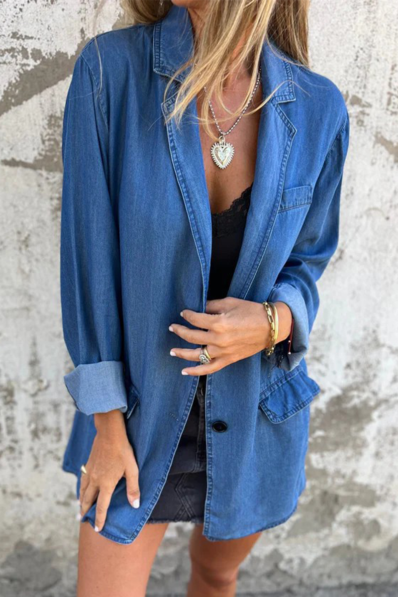 Casual Daily Solid Color Buttons Patchwork Turn-back Collar Long Sleeve Loose Denim Jacket