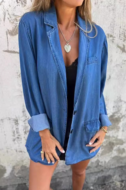 Casual Daily Solid Color Buttons Patchwork Turn-back Collar Long Sleeve Loose Denim Jacket