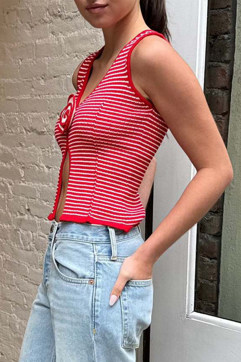 Sexy Stripe Flowers Contrast V Neck Tops