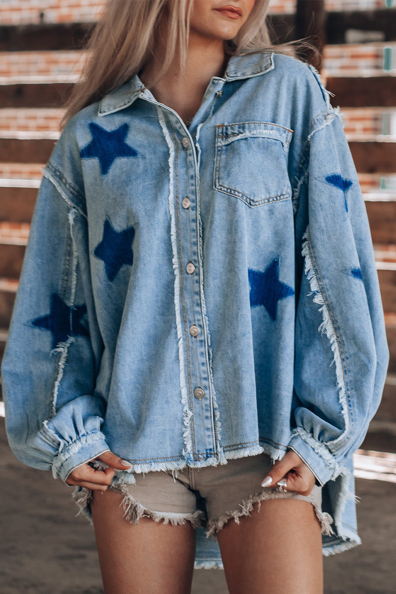 Casual Street The stars Distressed Patchwork Turndown Collar Long Sleeve Loose Denim Jacket