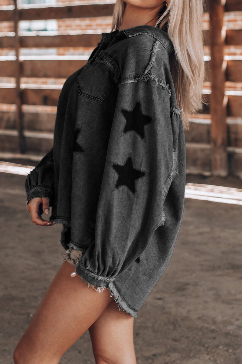 Casual Street The stars Distressed Patchwork Turndown Collar Long Sleeve Loose Denim Jacket