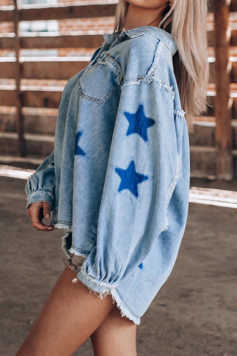 Casual Street The stars Distressed Patchwork Turndown Collar Long Sleeve Loose Denim Jacket