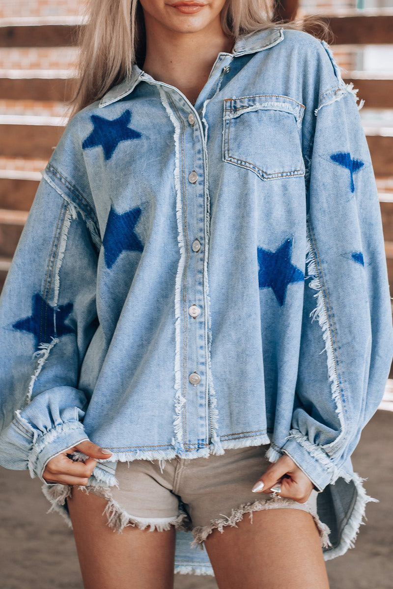 Casual Street The stars Distressed Patchwork Turndown Collar Long Sleeve Loose Denim Jacket