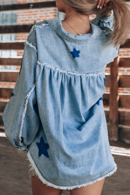 Casual Street The stars Distressed Patchwork Turndown Collar Long Sleeve Loose Denim Jacket