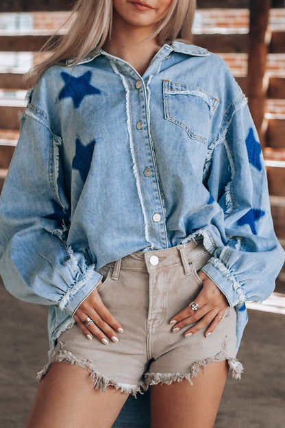 Casual Street The stars Distressed Patchwork Turndown Collar Long Sleeve Loose Denim Jacket