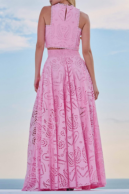 Eleganter, einfarbiger, ausgehöhlter O-Ausschnitt, ärmellos, zweiteilig (kein Positionierungsmuster).