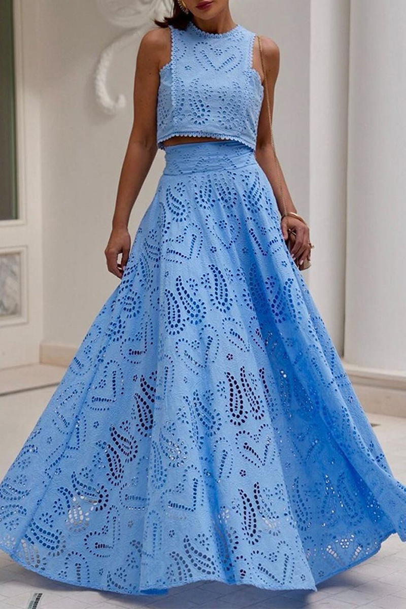 Eleganter, einfarbiger, ausgehöhlter O-Ausschnitt, ärmellos, zweiteilig (kein Positionierungsmuster).