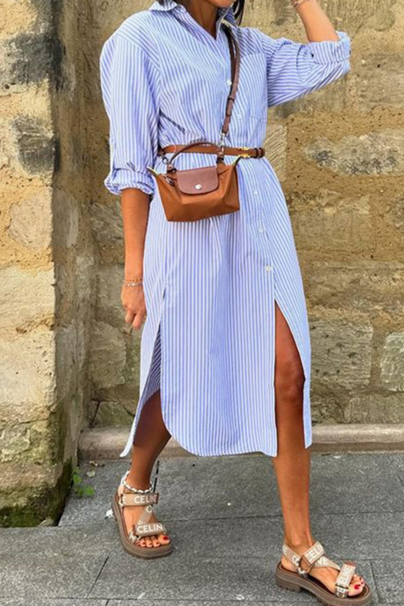 Casual Striped Print Buttons Slit Turndown Collar Shirt Dresses (Without Belt)