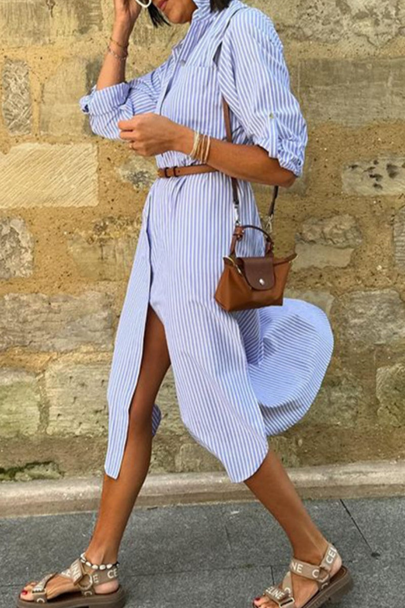 Casual Striped Print Buttons Slit Turndown Collar Shirt Dresses (Without Belt)