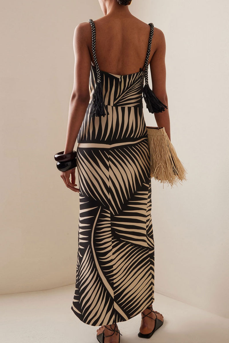 Casual Print Hollow Out Backless Slit Spaghetti Strap Long Dresses