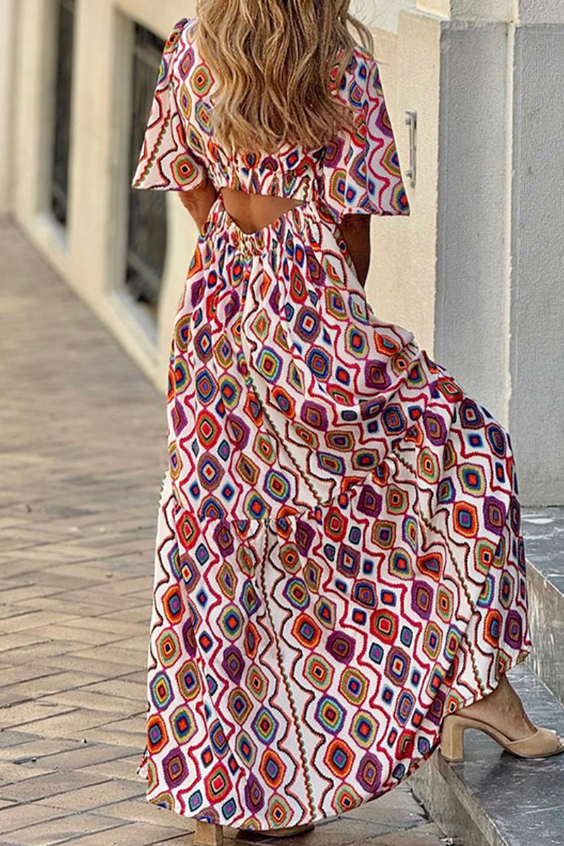 Casual Print Rhombus Backless V Neck A Line Dresses