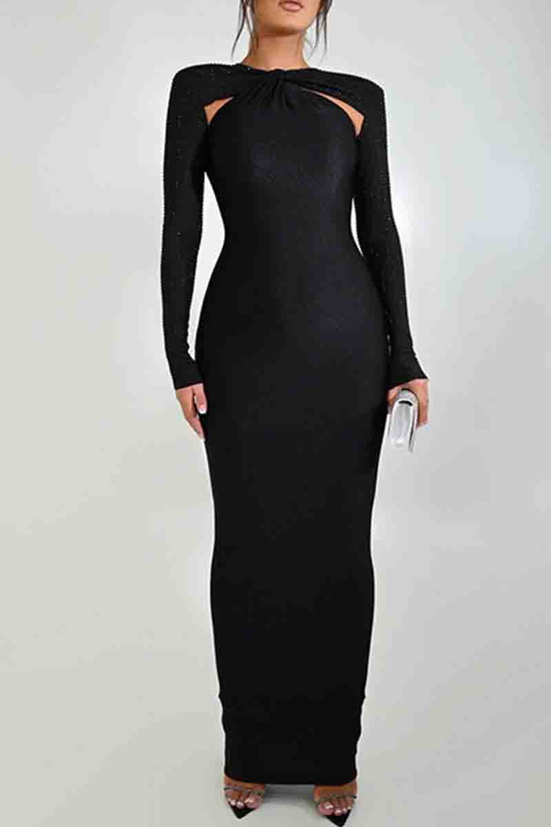 Elegant Hollow Out Patchwork Contrast O Neck Long Dresses(3 Colors)