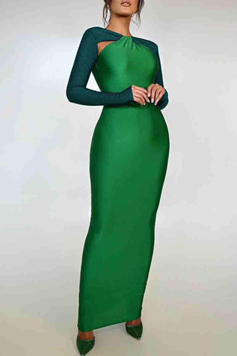 Elegant Hollow Out Patchwork Contrast O Neck Long Dresses(3 Colors)