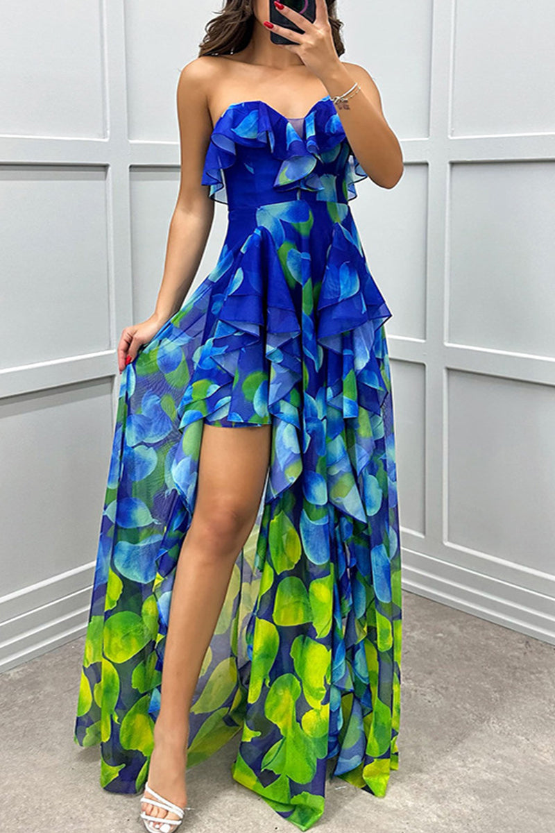 Sexy Gradient Print Ruffle Slit Strapless Irregular Dresses