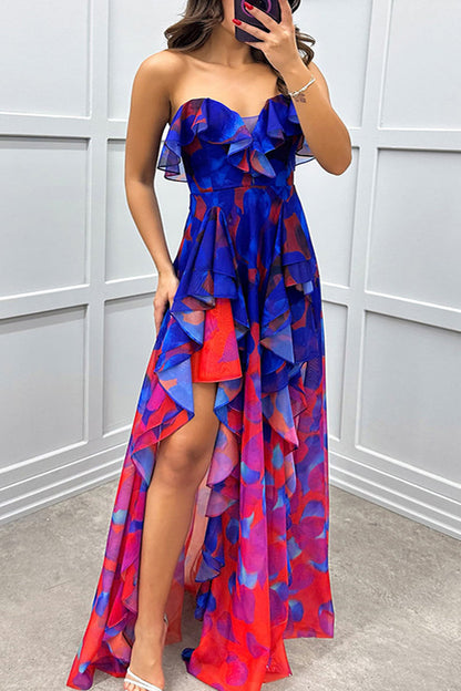 Sexy Gradient Print Ruffle Slit Strapless Irregular Dresses