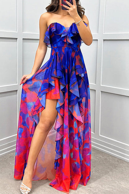 Sexy Gradient Print Ruffle Slit Strapless Irregular Dresses