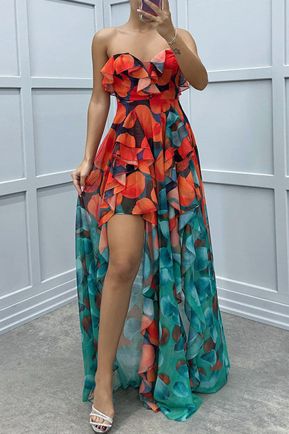 Sexy Gradient Print Ruffle Slit Strapless Irregular Dresses