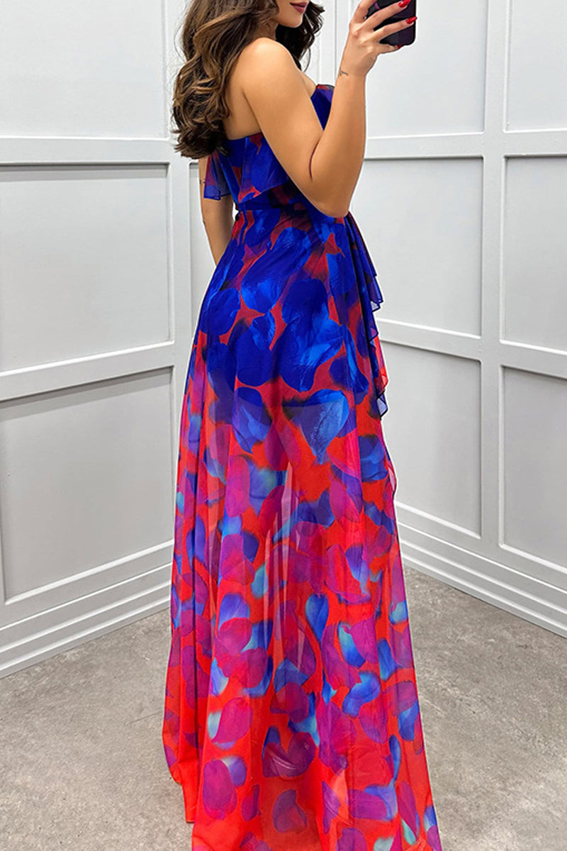 Sexy Gradient Print Ruffle Slit Strapless Irregular Dresses