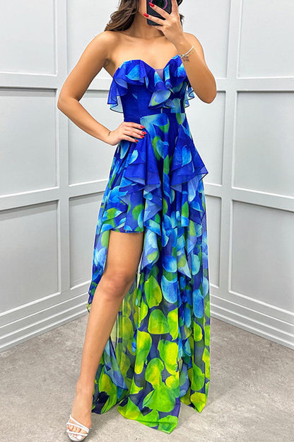 Sexy Gradient Print Ruffle Slit Strapless Irregular Dresses