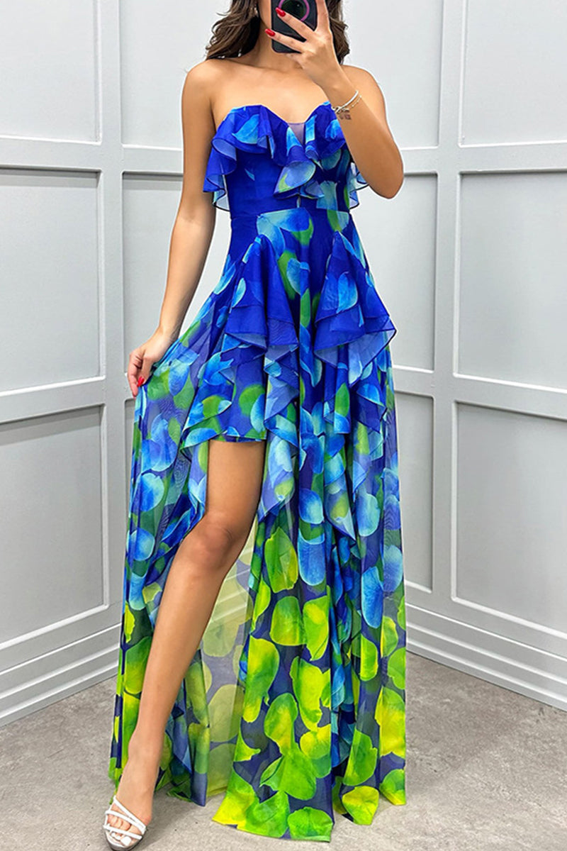 Sexy Gradient Print Ruffle Slit Strapless Irregular Dresses