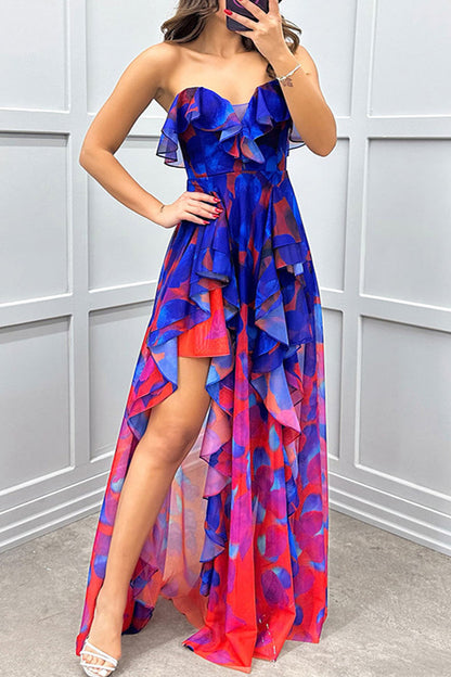 Sexy Gradient Print Ruffle Slit Strapless Irregular Dresses