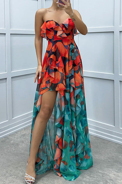 Sexy Gradient Print Ruffle Slit Strapless Irregular Dresses