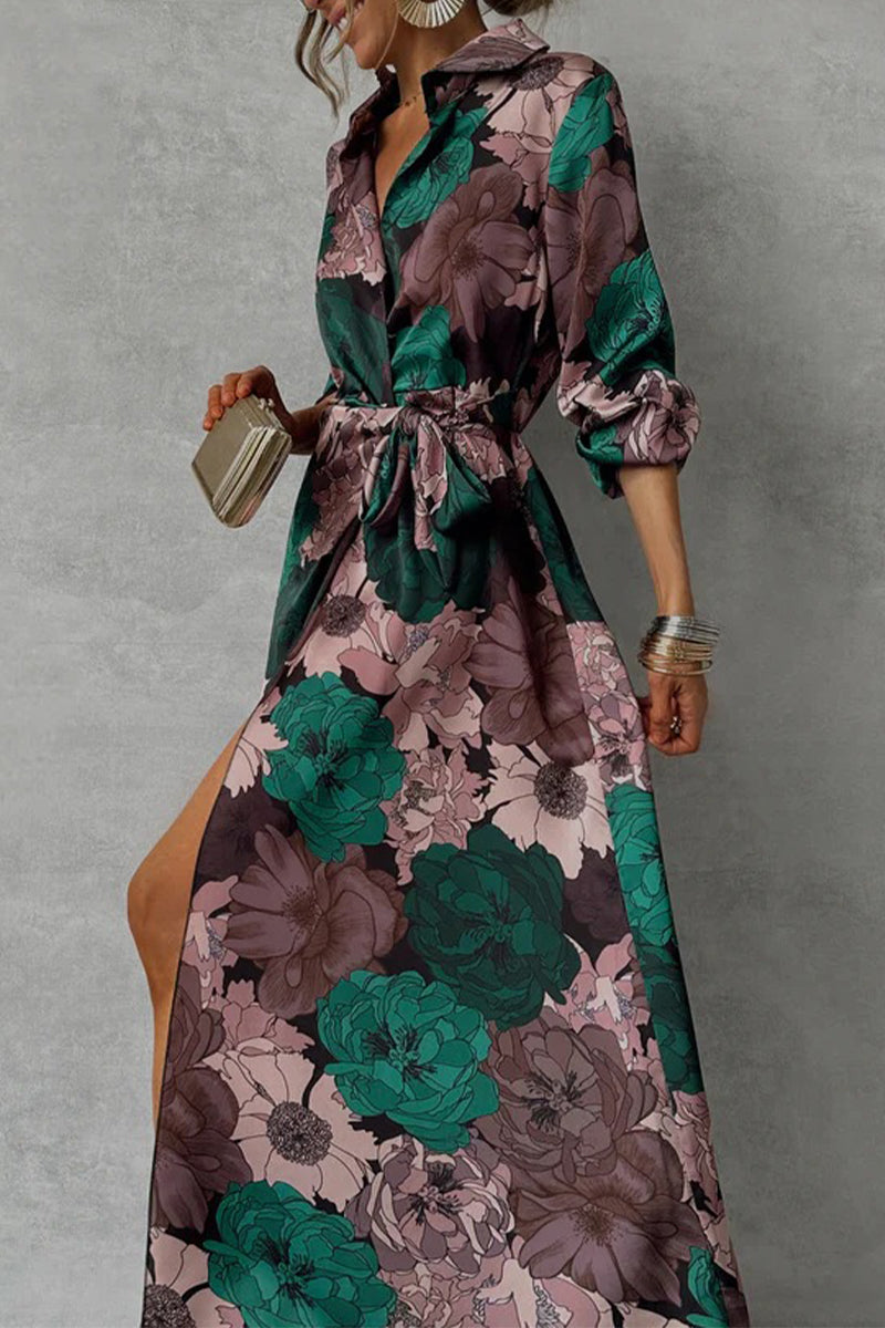 Daily Elegant Floral Print Lace Up Slit Turndown Collar Shirt Dresses