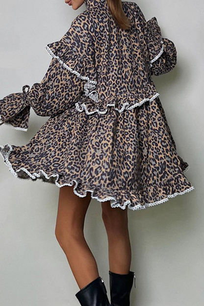 Elegant Leopard Print Flowers Lace Up Patchwork Ruffle Half A Turtleneck A Line Dresses