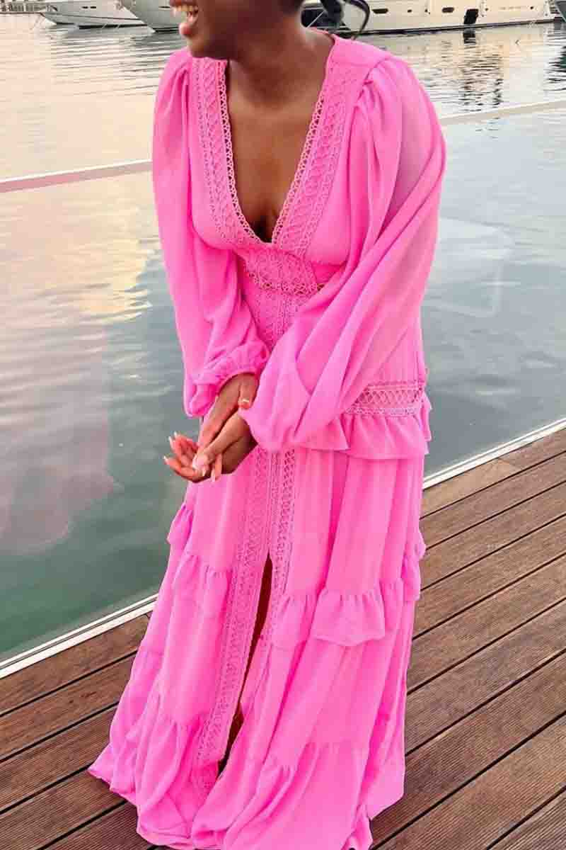 Elegant Solid Color Patchwork Slit Deep V Neck Long Dresses