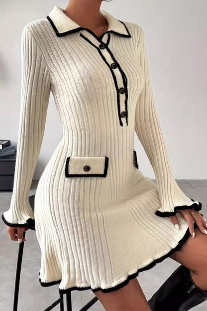 Daily Elegant Solid Color Patchwork Contrast Potholes Turndown Collar A Line Dresses