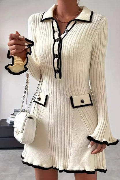 Daily Elegant Solid Color Patchwork Contrast Potholes Turndown Collar A Line Dresses